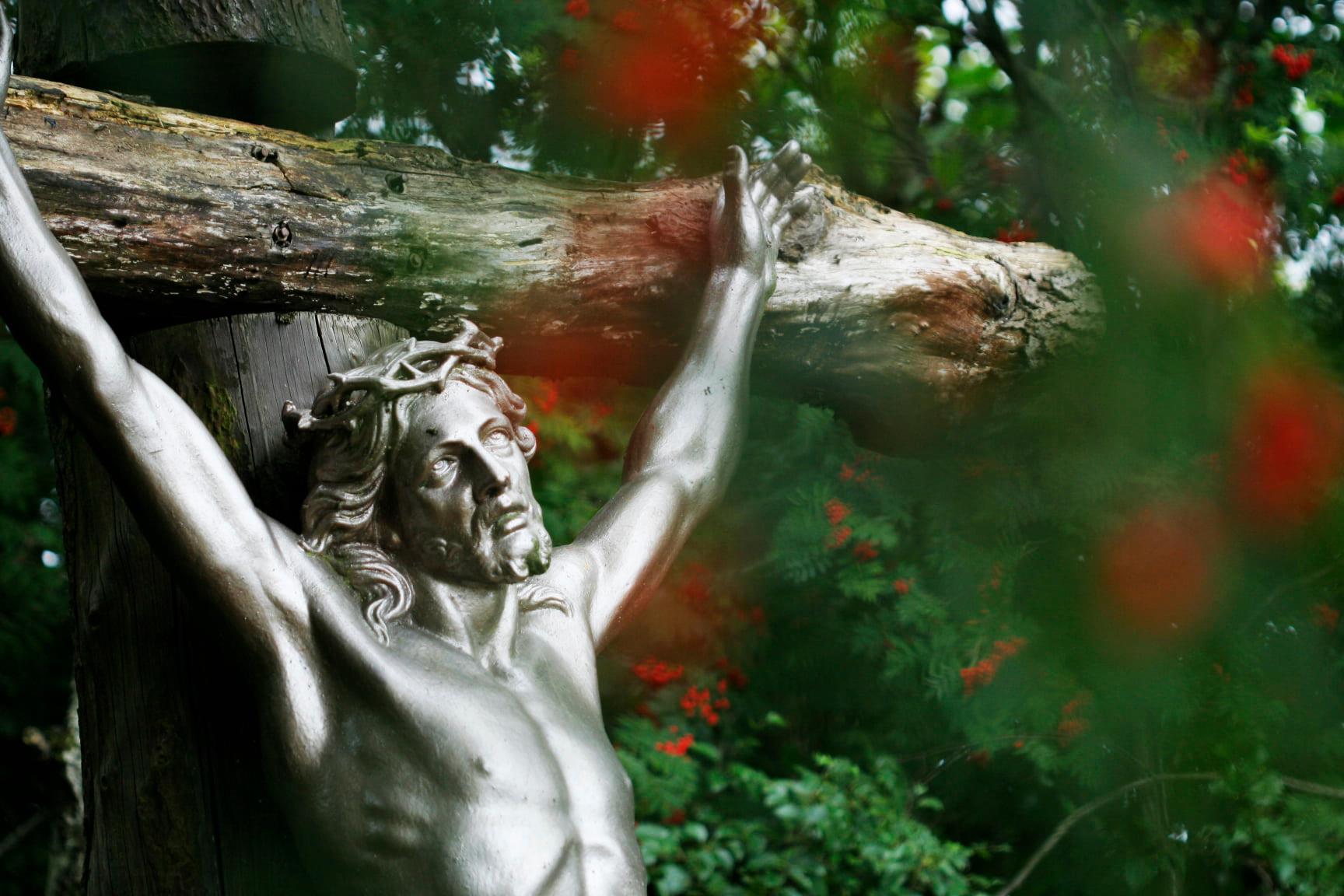 statue of jesus on the cross in front of a holly tree